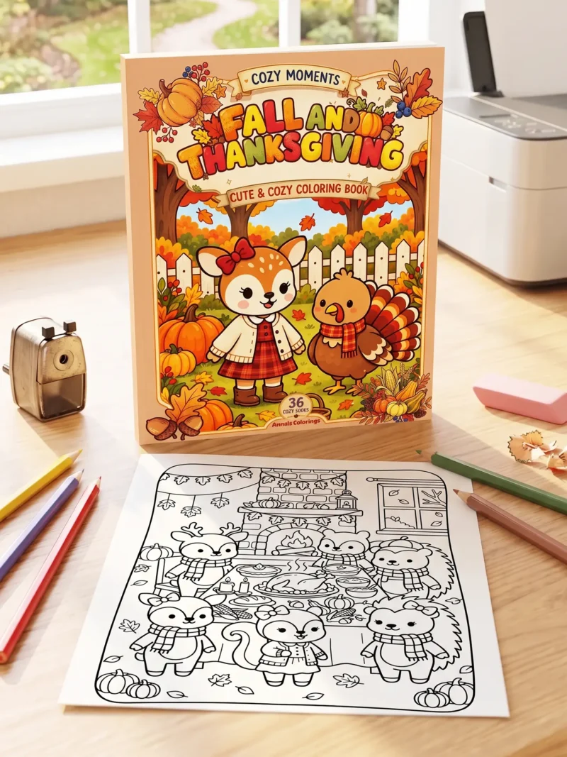 Fall and Thanksgiving Cute & Cozy Coloring Book from the Cozy Moments collection, with a fawn and a turkey on the cover and a coloring page, on a cozy table