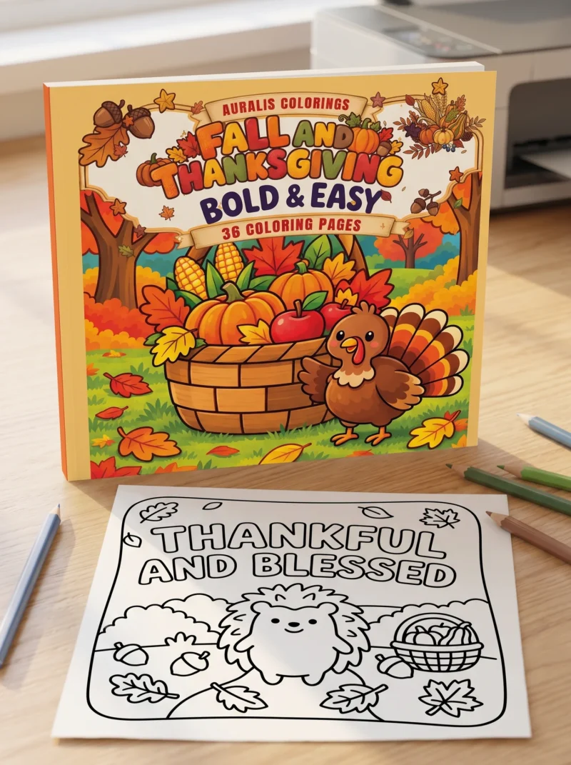 Fall and Thanksgiving Bold & Easy Coloring Book by Auralis Colorings with a Thankful and Blessed coloring page and colored pencils on a cozy table