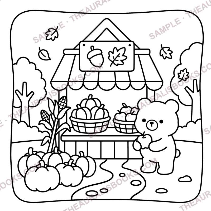 Cute bear at an autumn farm market stand with pumpkins and apples – bold and easy fall coloring page, line art