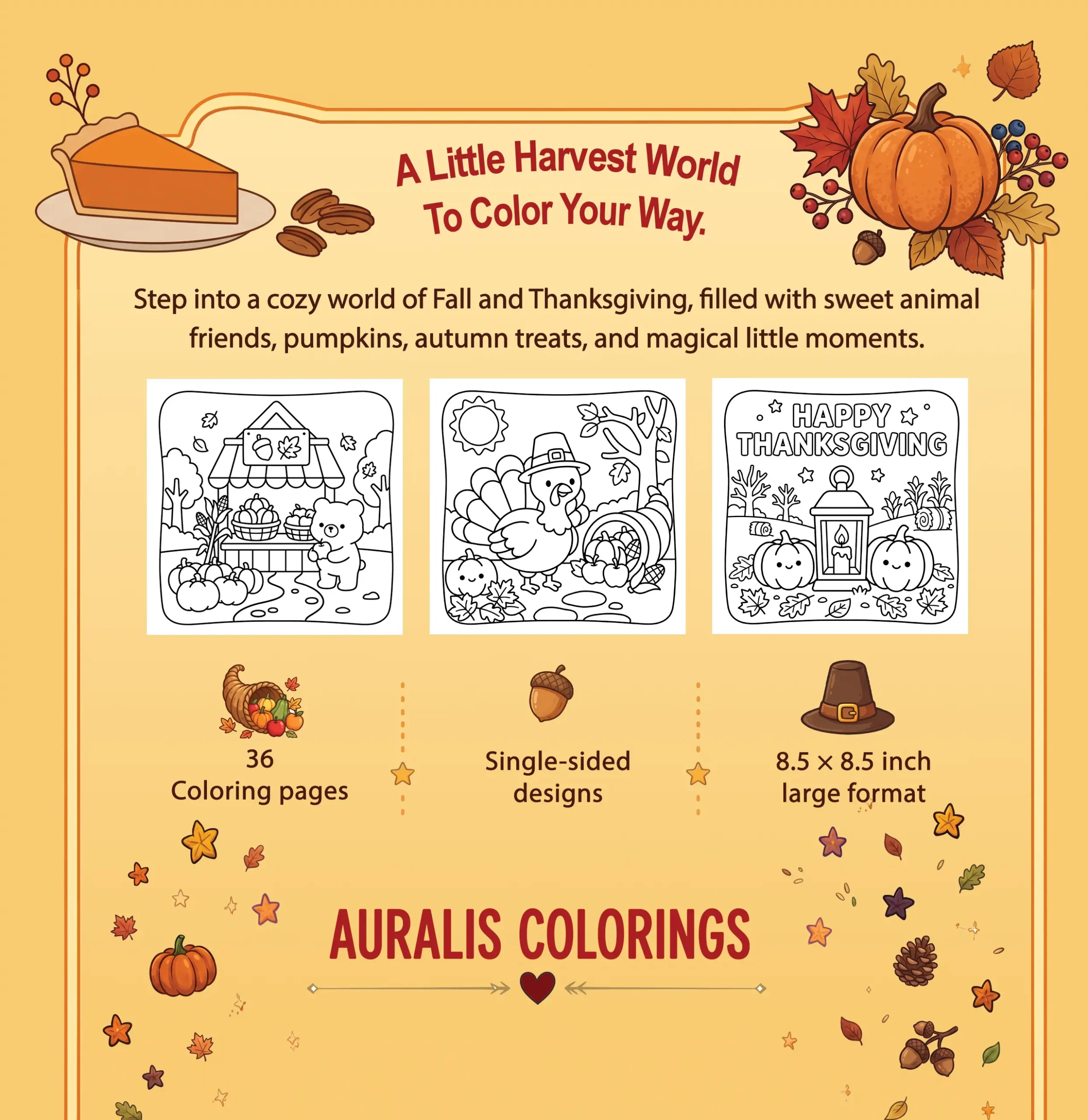 Back cover of the Fall and Thanksgiving Bold & Easy Coloring Book: 36 coloring pages, single-sided designs, 8.5 x 8.5 inch format