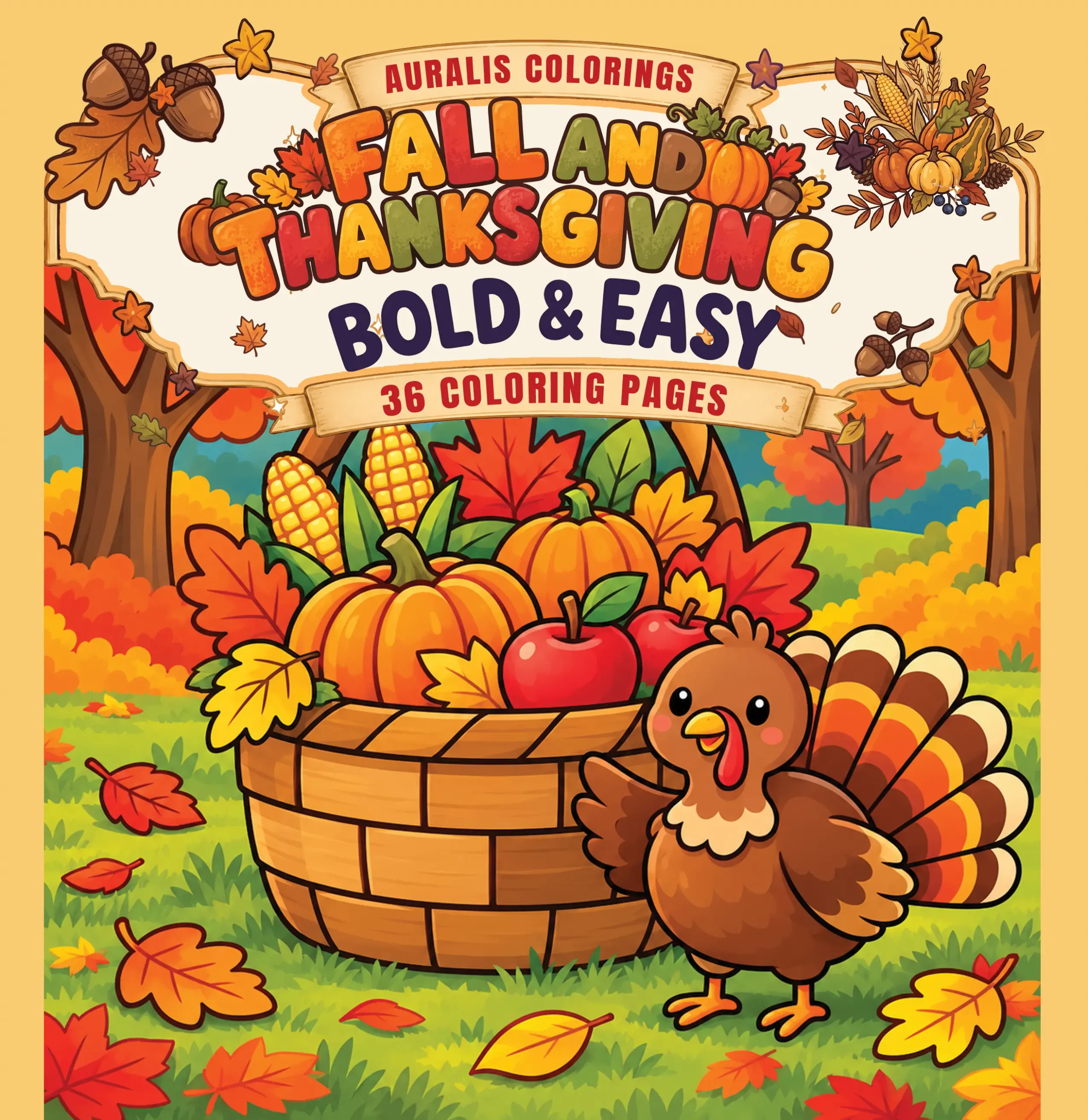 Front cover of the Fall and Thanksgiving Bold & Easy Coloring Book by Auralis Colorings, with a friendly turkey and a basket of pumpkins