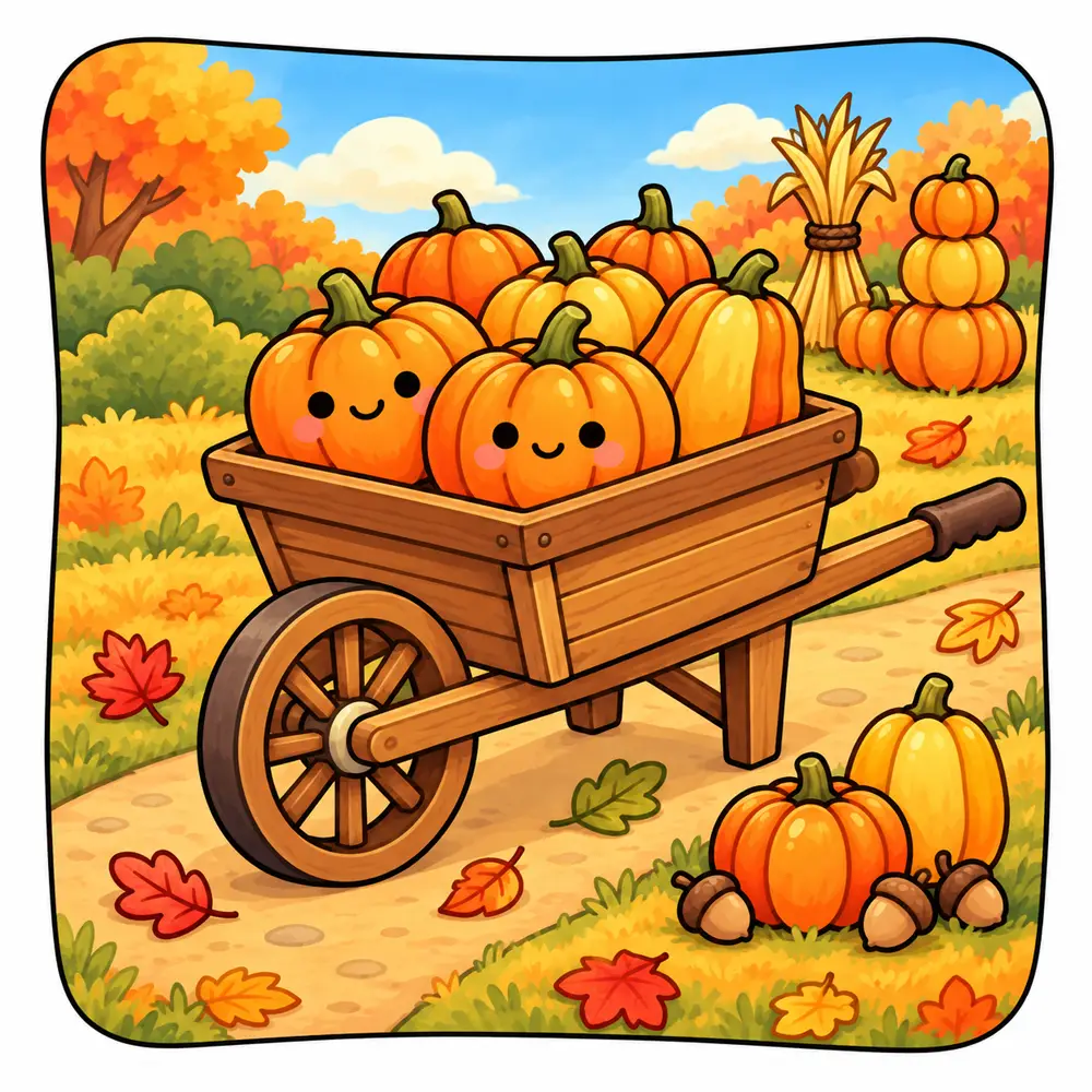 Wooden wheelbarrow full of smiling pumpkins – colored example of a bold and easy fall coloring page