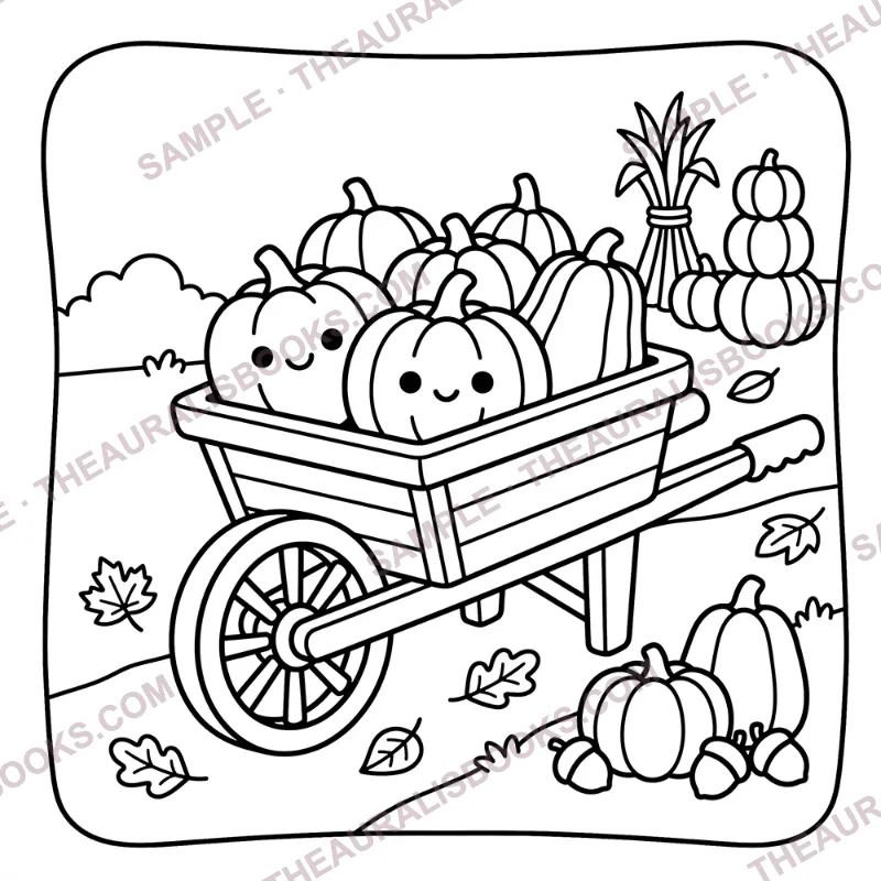 Wooden wheelbarrow full of smiling pumpkins – bold and easy fall coloring page, line art