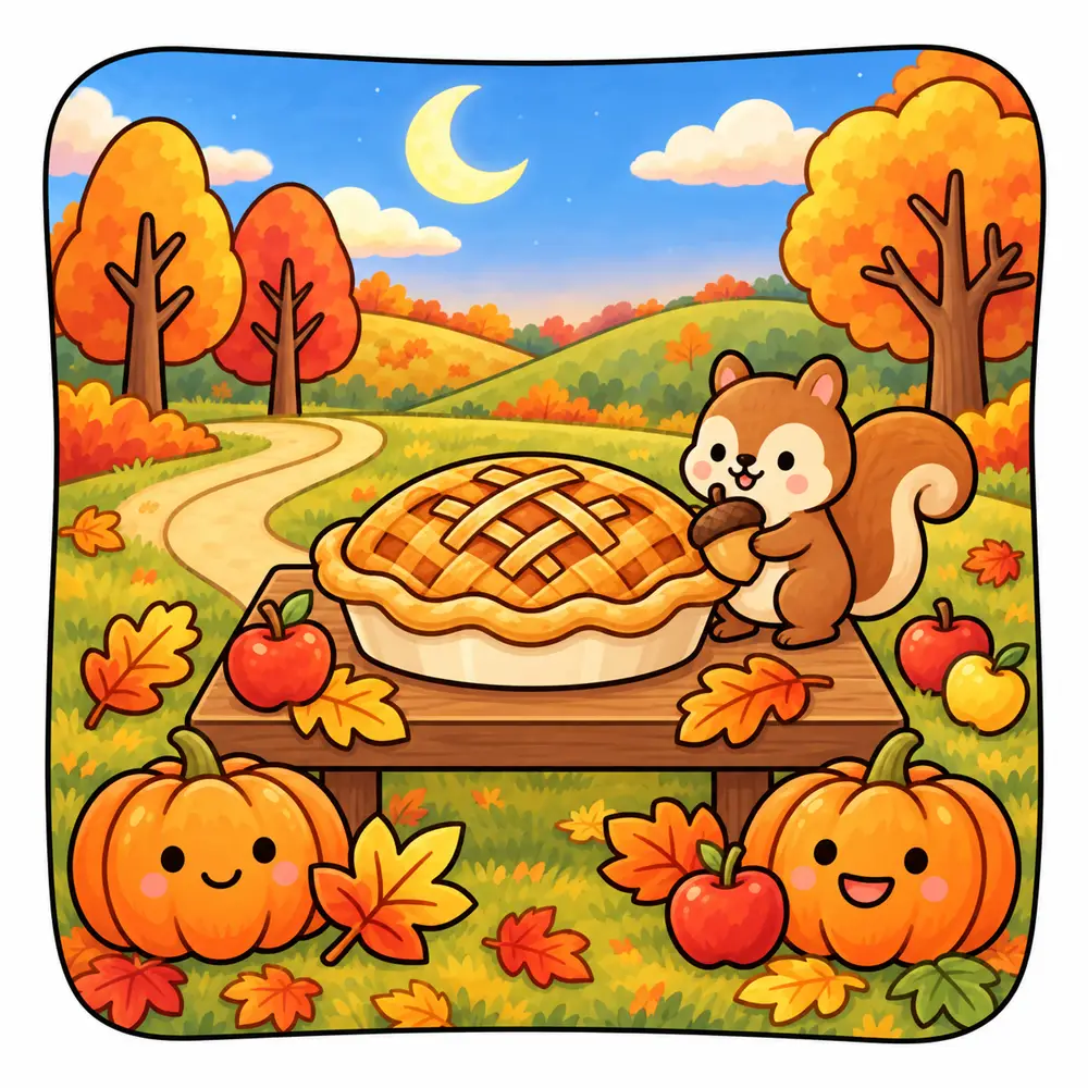 Little squirrel with a big lattice pie on an autumn picnic table – colored example of a bold and easy fall coloring page