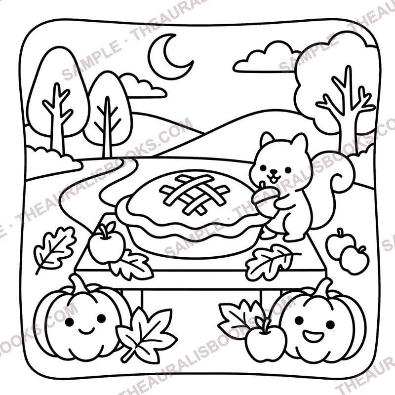 Little squirrel with a big lattice pie on an autumn picnic table – bold and easy fall coloring page, line art