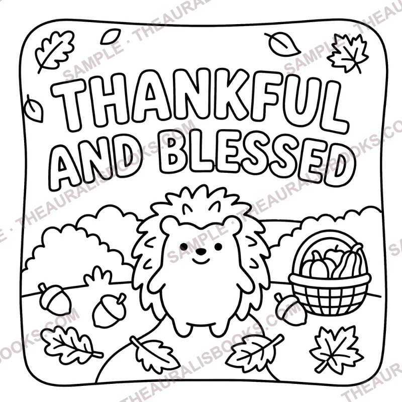 Thankful and Blessed lettering with a cute hedgehog and a harvest basket – bold and easy Thanksgiving coloring page, line art