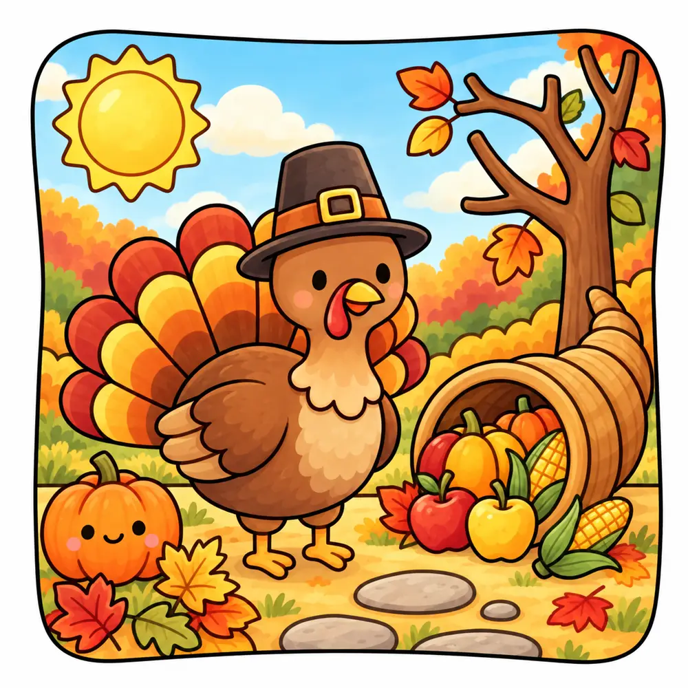 Friendly turkey in a pilgrim hat next to a harvest cornucopia – colored example of a bold and easy Thanksgiving coloring page