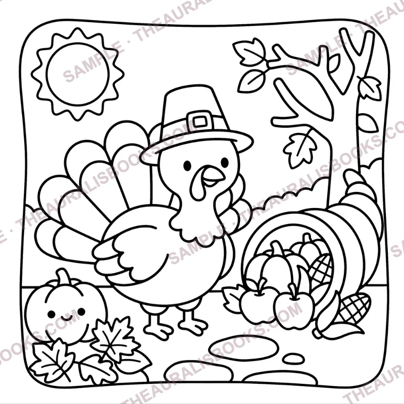 Friendly turkey in a pilgrim hat next to a harvest cornucopia – bold and easy Thanksgiving coloring page, line art