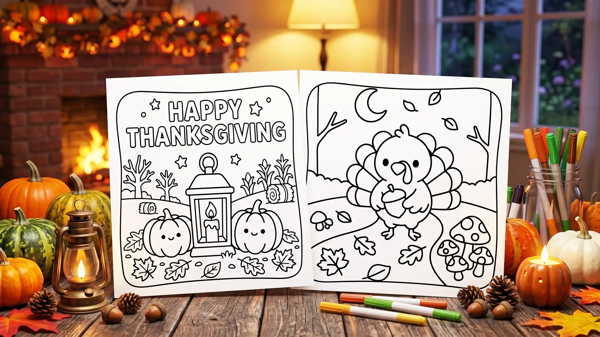 Two free printable Bold & Easy Thanksgiving coloring pages, a cute turkey and a Happy Thanksgiving lantern scene, on a cozy autumn table with markers and pumpkins