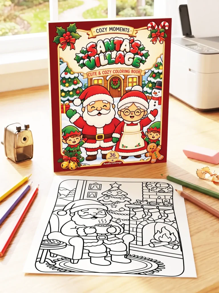 Santa's Village Cute & Cozy Coloring Book from the Cozy Moments collection, with Santa, Mrs. Claus and elves on the cover and a coloring page, on a cozy table