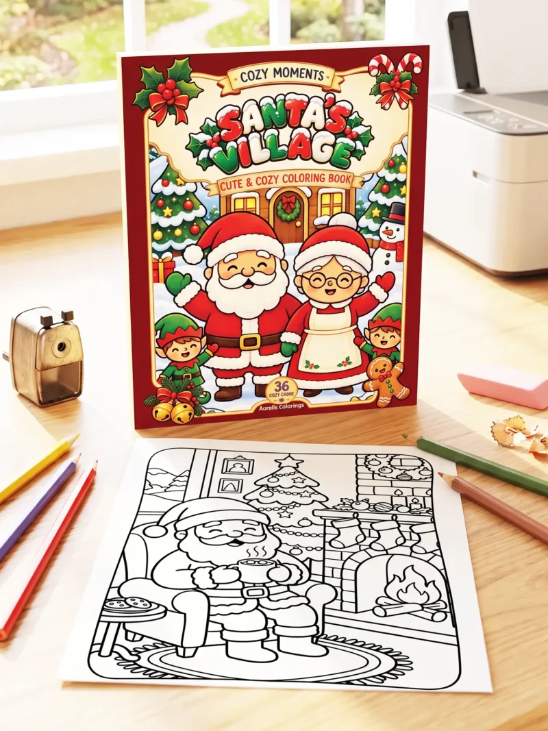 Santa's Village Cute & Cozy Coloring Book from the Cozy Moments collection, with Santa, Mrs. Claus and elves on the cover and a coloring page, on a cozy table