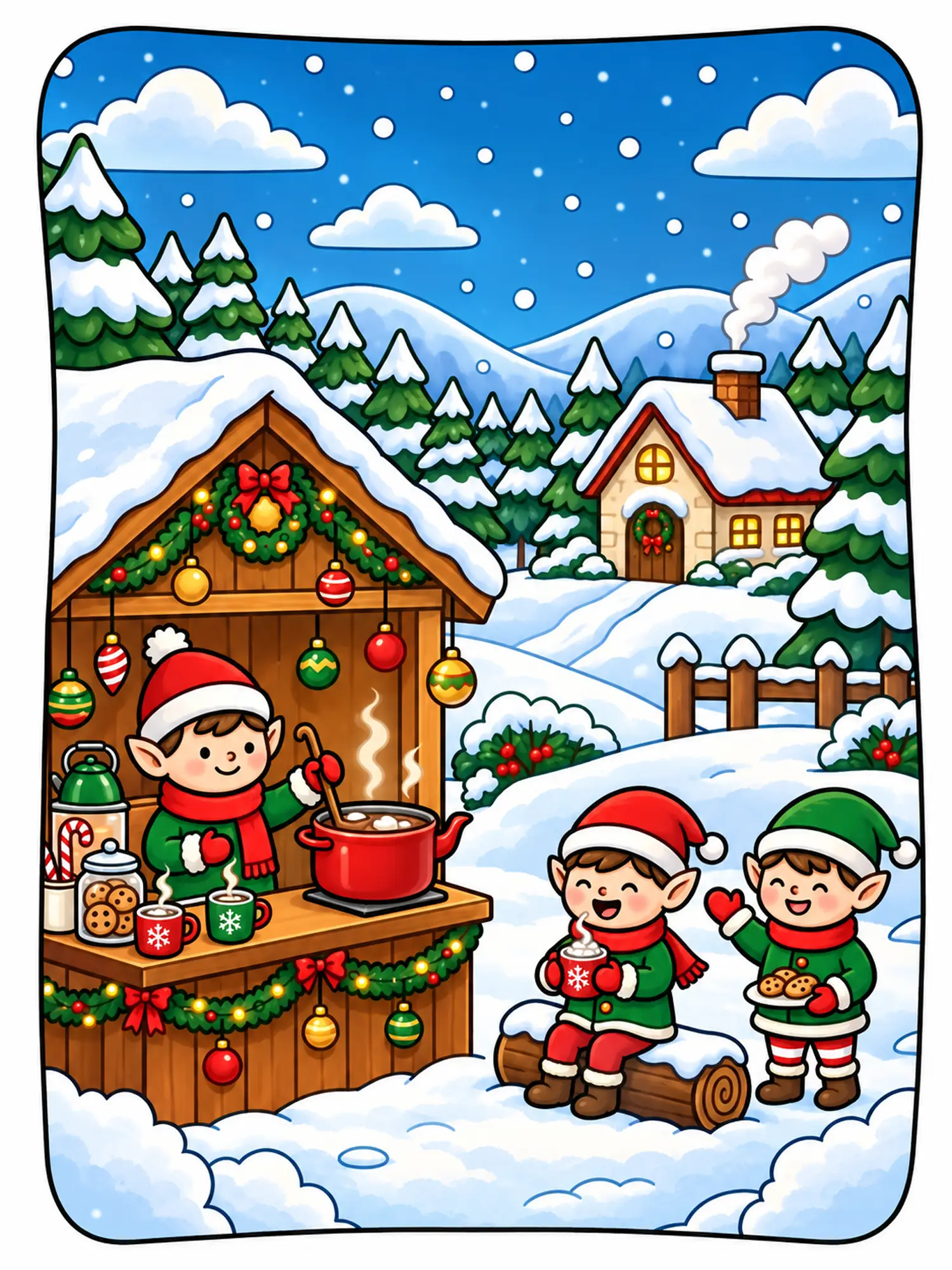 Little elves sharing hot cocoa at a snowy Christmas market stall in Santa's village – colored example of a cute Christmas coloring page